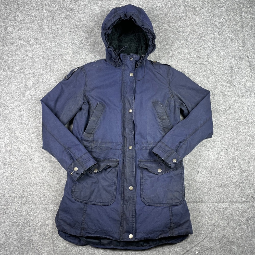 Barbour Bridport Waxed Parka Womens 6 Blue Fleece Lined Hooded British Jacket